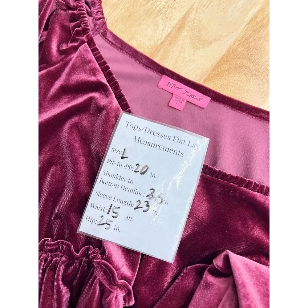 Betsey Johnson Burgundy Velvet Tiered Mini Dress Bishop Sleeve JL308559 Womens L - Picture 7 of 7